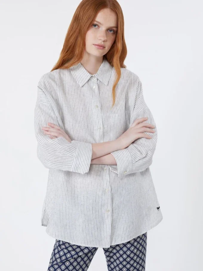 Camisa de lona de lino a rayas, azul marino Camisa de lona de lino a rayas, azul marino