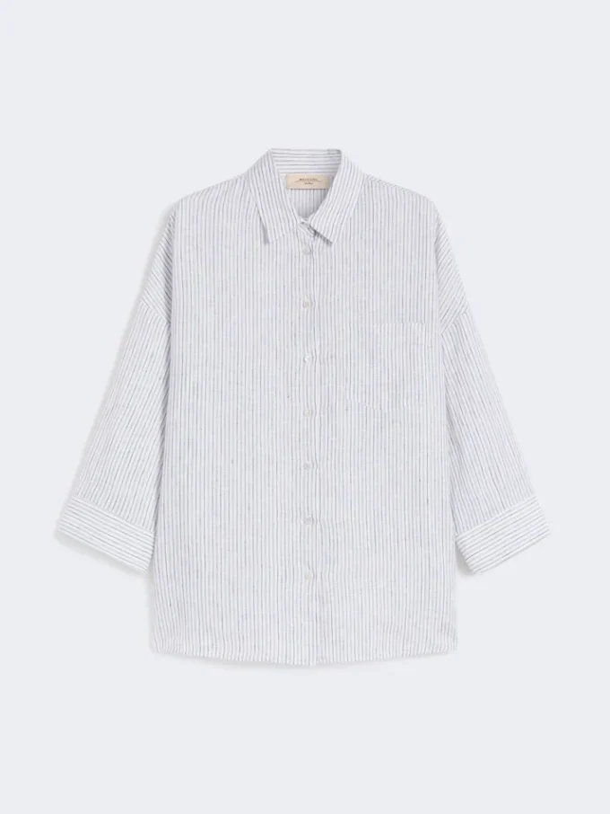 Camisa de lona de lino a rayas, azul marino Camisa de lona de lino a rayas, azul marino
