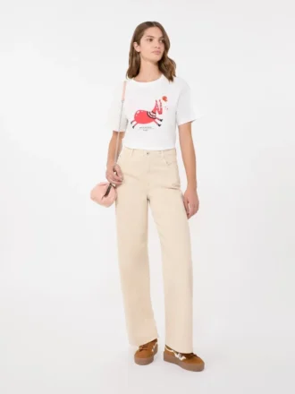 Camiseta de algodón con estampado y bordados, blanca