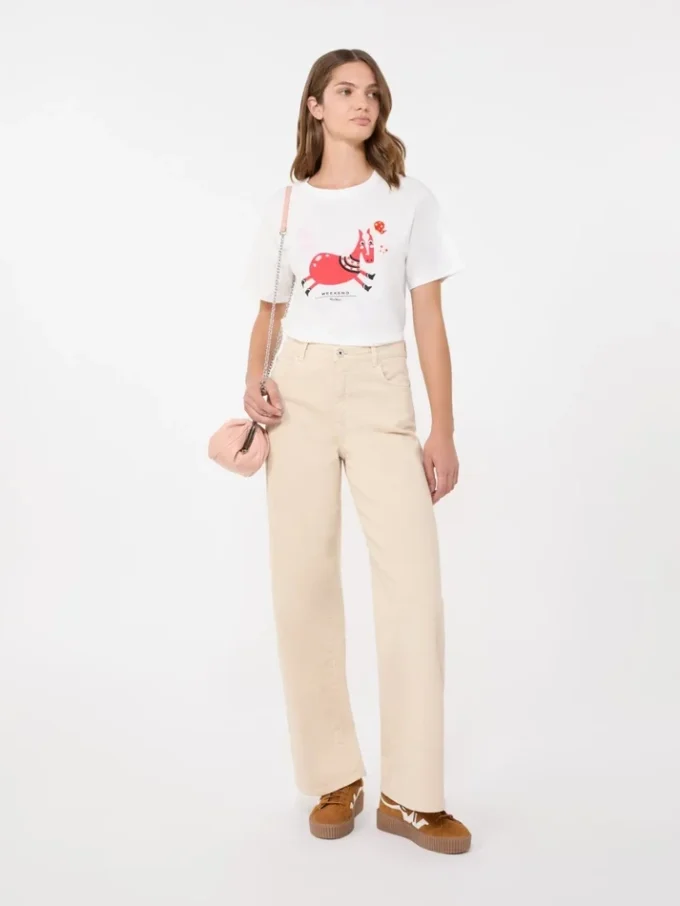 Camiseta de algodón con estampado y bordados, blanca