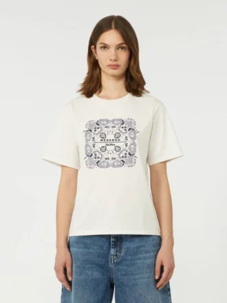 Camiseta de algodón con estampado y bordados, blanca