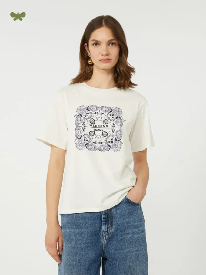 Camiseta de algodón con estampado y bordados, blanca