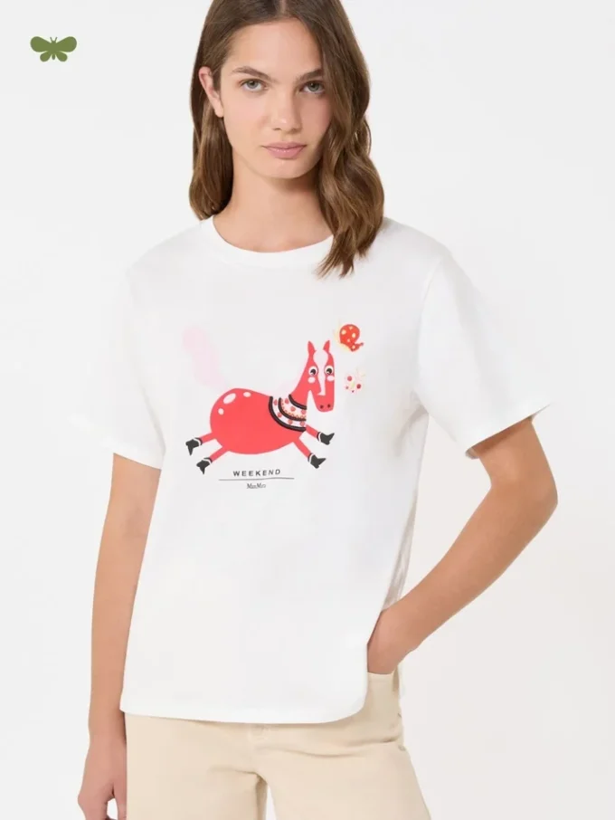 Camiseta de algodón con estampado y bordados, blanca