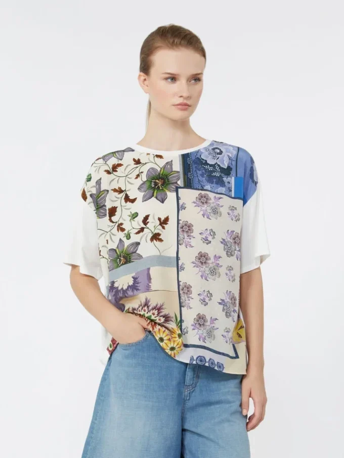 Camiseta de jersey de algodón elástico y seda estampada, multicolor Camiseta de jersey de algodón elástico y seda estampada, multicolor