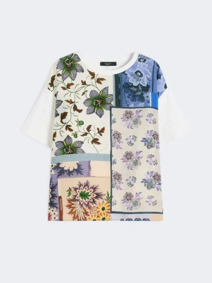 Camiseta de jersey de algodón elástico y seda estampada, multicolor Camiseta de jersey de algodón elástico y seda estampada, multicolor