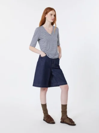 Camiseta de jersey de lino elástico con cuello en V, azul ultramar