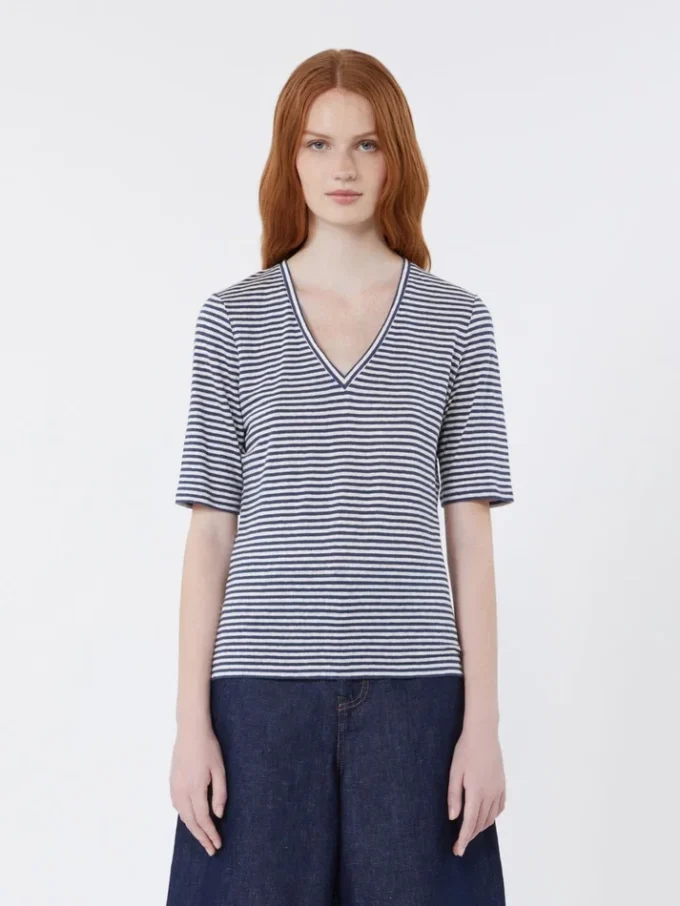 Camiseta de jersey de lino elástico con cuello en V, azul ultramar Camiseta de jersey de lino elástico con cuello en V, azul ultramar
