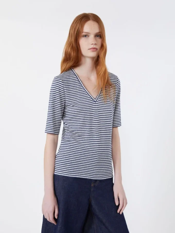 Camiseta de jersey de lino elástico con cuello en V, azul ultramar Camiseta de jersey de lino elástico con cuello en V, azul ultramar