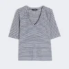 Camiseta de jersey de lino elástico con cuello en V, azul ultramar Camiseta de jersey de lino elástico con cuello en V, azul ultramar