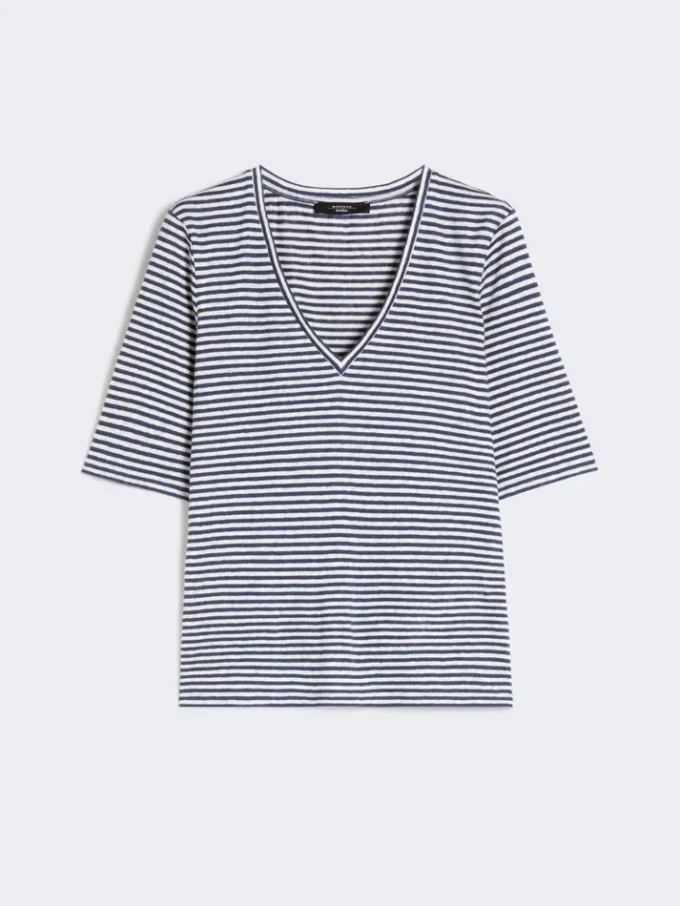 Camiseta de jersey de lino elástico con cuello en V, azul ultramar Camiseta de jersey de lino elástico con cuello en V, azul ultramar