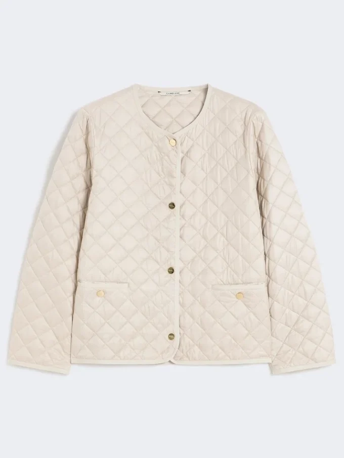 Chaqueta acolchada de lona repelente al agua con cuello redondo, color natural Chaqueta acolchada de lona repelente al agua con cuello redondo, color natural