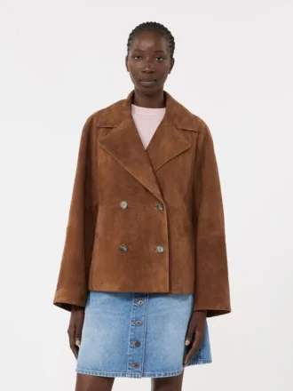 Chaqueta de ante de doble botonadura, color tabaco