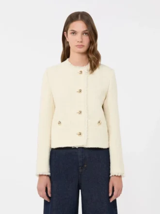 Chaqueta de cuello redondo en mezcla de lana, color crudo