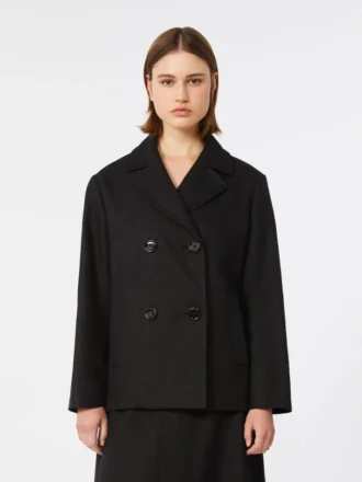Chaqueta tipo chaquetón de algodón y lino con tejido de mimbre, negra