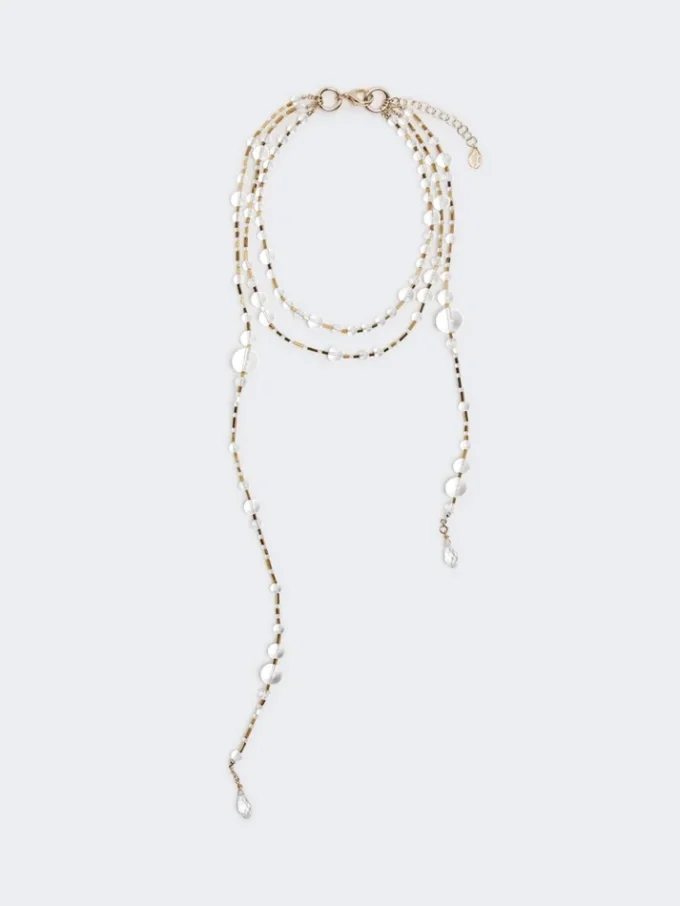 Collar de varias vueltas de metal y cristal, blanco óptico Collar de varias vueltas de metal y cristal, blanco óptico