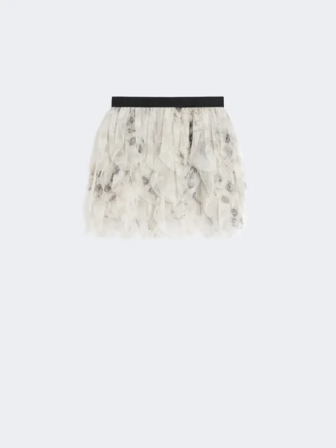 Falda corta con pétalos de organza estampada, gris perla