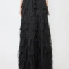 Falda larga con pétalos de organza de seda, negra Falda larga con pétalos de organza de seda, negra