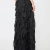 Falda larga con pétalos de organza de seda, negra Falda larga con pétalos de organza de seda, negra