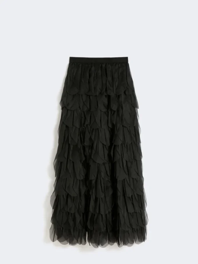 Falda larga con pétalos de organza de seda, negra Falda larga con pétalos de organza de seda, negra