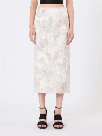 Falda lápiz de organza estampada y gabardina, blanca