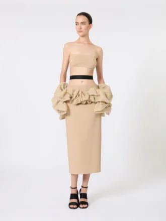 Falda midi de jersey de viscosa con volantes, color camel Falda midi de jersey de viscosa con volantes, color camel