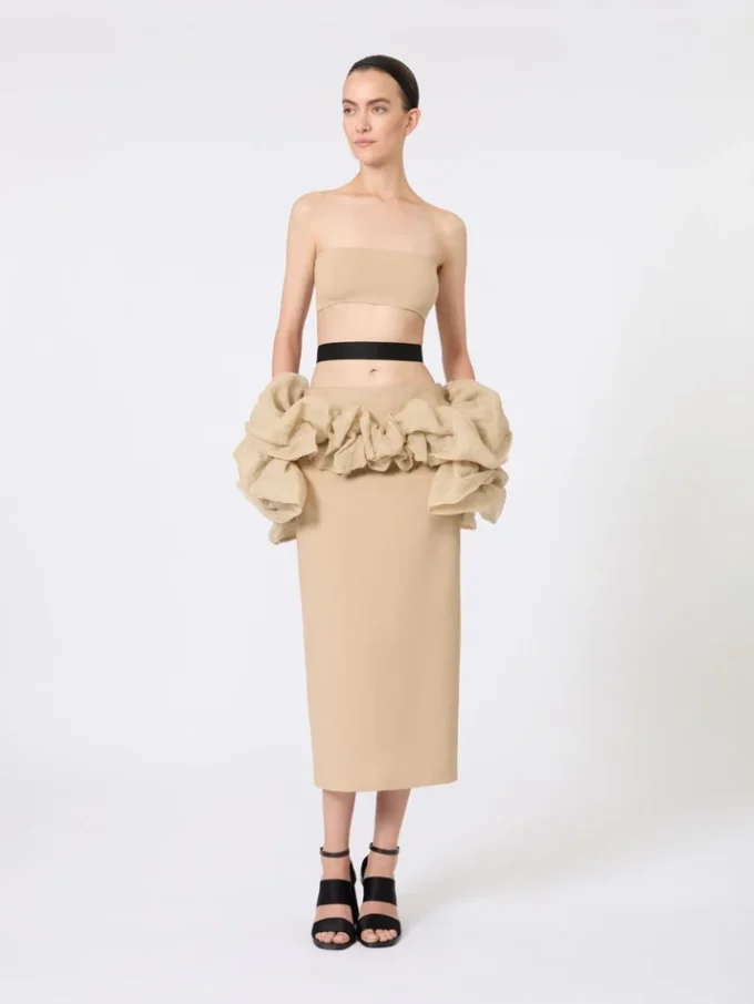 Falda midi de jersey de viscosa con volantes, color camel Falda midi de jersey de viscosa con volantes, color camel