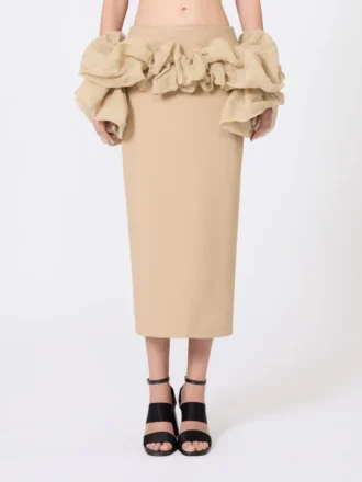 Falda midi de jersey de viscosa con volantes, color camel Falda midi de jersey de viscosa con volantes, color camel