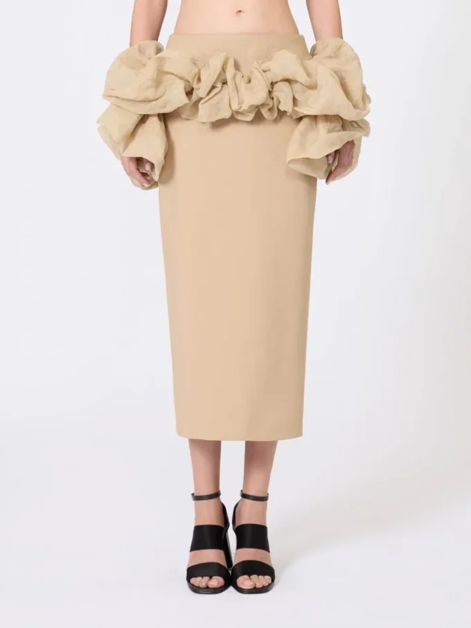Falda midi de jersey de viscosa con volantes, color camel Falda midi de jersey de viscosa con volantes, color camel