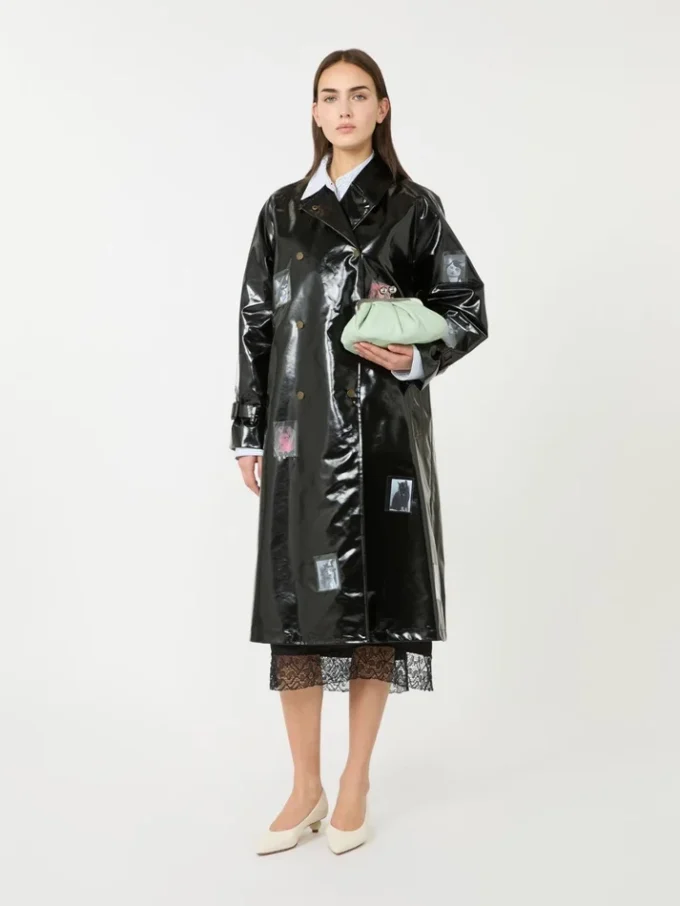 Gabardina midi con efecto vinilo, negra Gabardina midi con efecto vinilo, negra