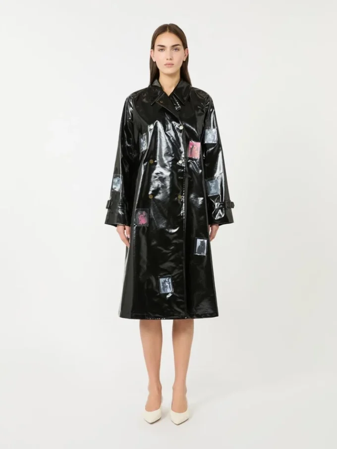 Gabardina midi con efecto vinilo, negra Gabardina midi con efecto vinilo, negra