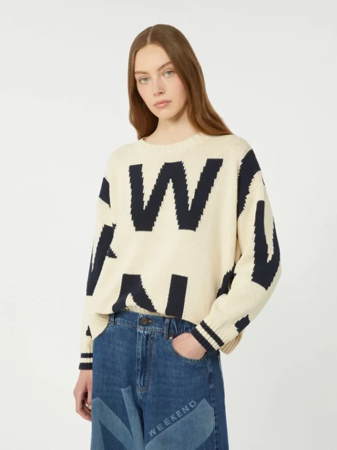 Jersey de algodón estampado con cuello redondo, azul marino