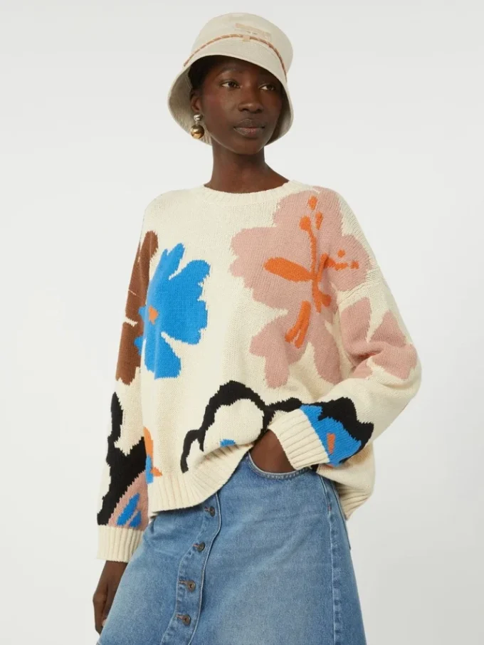 Jersey de algodón estampado con cuello redondo, multicolor Jersey de algodón estampado con cuello redondo, multicolor