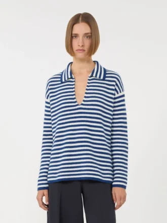 Jersey de cachemira acanalado, blanco y azul