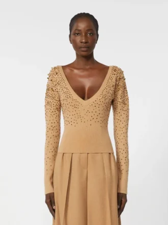 Jersey de cuello en V de lana y cachemira, color camel