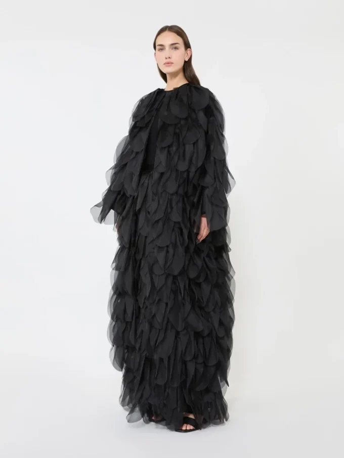 Falda larga con pétalos de organza de seda, negra Falda larga con pétalos de organza de seda, negra