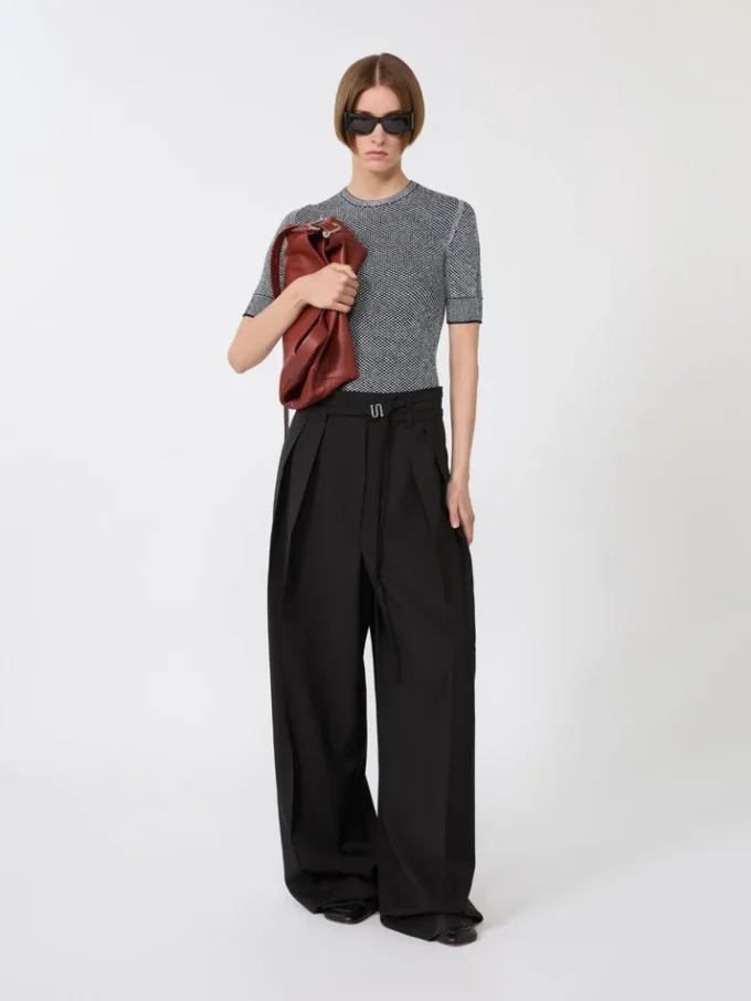 Pantalones anchos de lana elástica, negros Pantalones anchos de lana elástica, negros