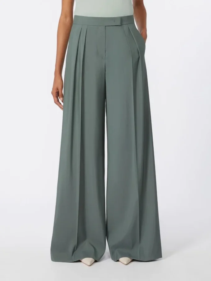 Pantalones anchos de lana y seda, verde oscuro Pantalones anchos de lana y seda, verde oscuro