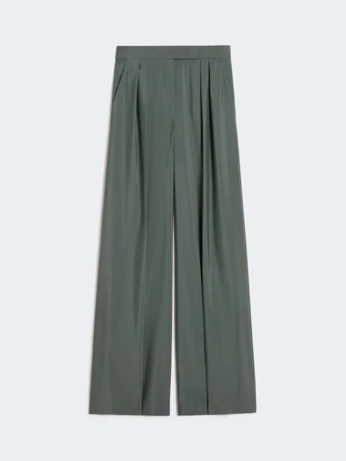 Pantalones anchos de lana y seda, verde oscuro Pantalones anchos de lana y seda, verde oscuro
