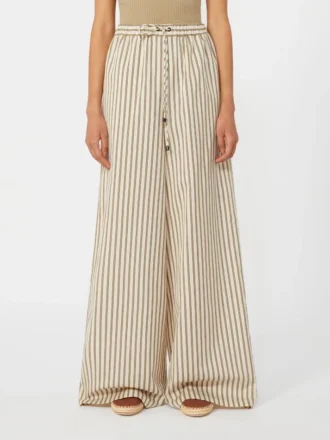Pantalones anchos de lona de algodón y seda a rayas, color beige