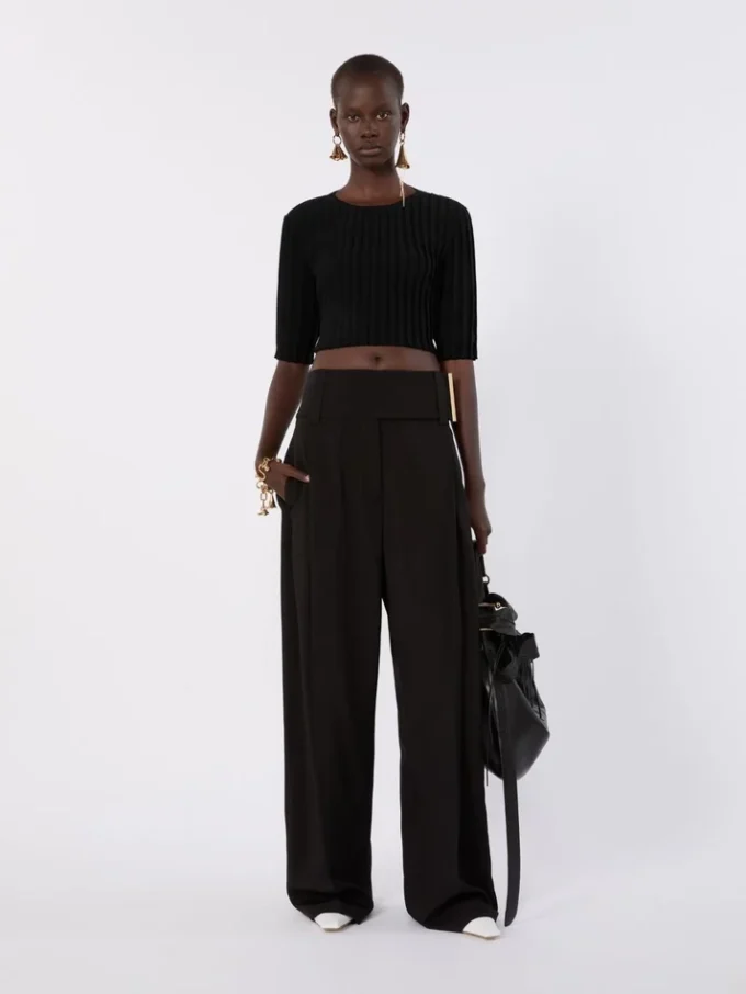 Pantalones anchos de satén de viscosa, negros Pantalones anchos de satén de viscosa, negros