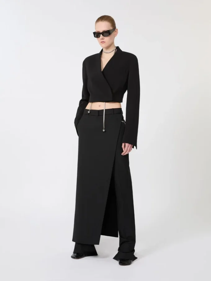 Pantalones de lana elástica con panel desmontable, negros Pantalones de lana elástica con panel desmontable, negros