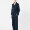 Pantalones rectos de lino con tejido trenzado, azul medianoche Pantalones rectos de lino con tejido trenzado, azul medianoche