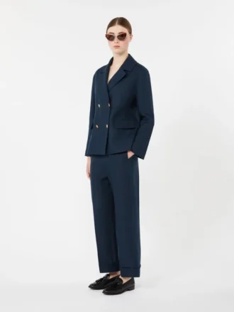 Pantalones rectos de lino con tejido trenzado, azul medianoche