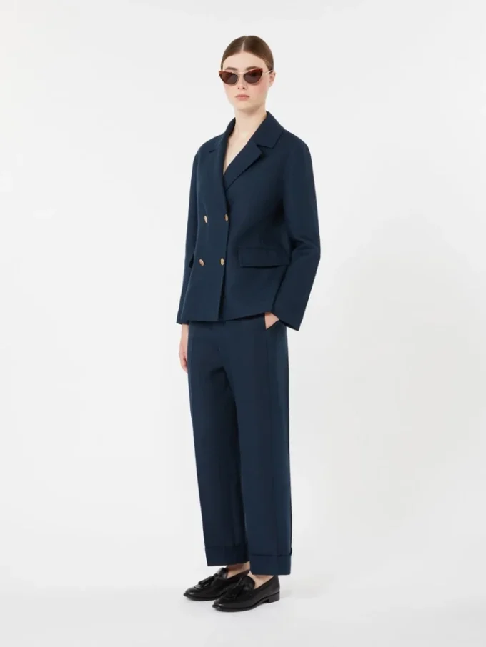 Pantalones rectos de lino con tejido trenzado, azul medianoche Pantalones rectos de lino con tejido trenzado, azul medianoche