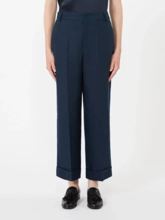 Pantalones rectos de lino con tejido trenzado, azul medianoche