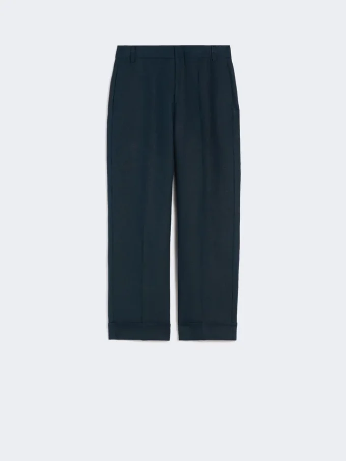 Pantalones rectos de lino con tejido trenzado, azul medianoche Pantalones rectos de lino con tejido trenzado, azul medianoche