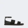 Sandalias planas de piel y tejido elástico, negro Sandalias planas de piel y tejido elástico, negro