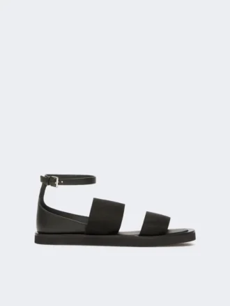 Sandalias planas de piel y tejido elástico, negro
