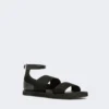 Sandalias planas de piel y tejido elástico, negro Sandalias planas de piel y tejido elástico, negro