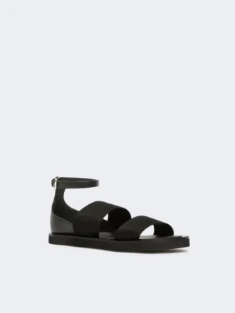 Sandalias planas de piel y tejido elástico, negro